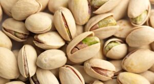 A close-up of pistachio nuts in their shells