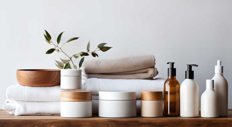 Cosmetic jars, towels, and greenery on a wooden shelf