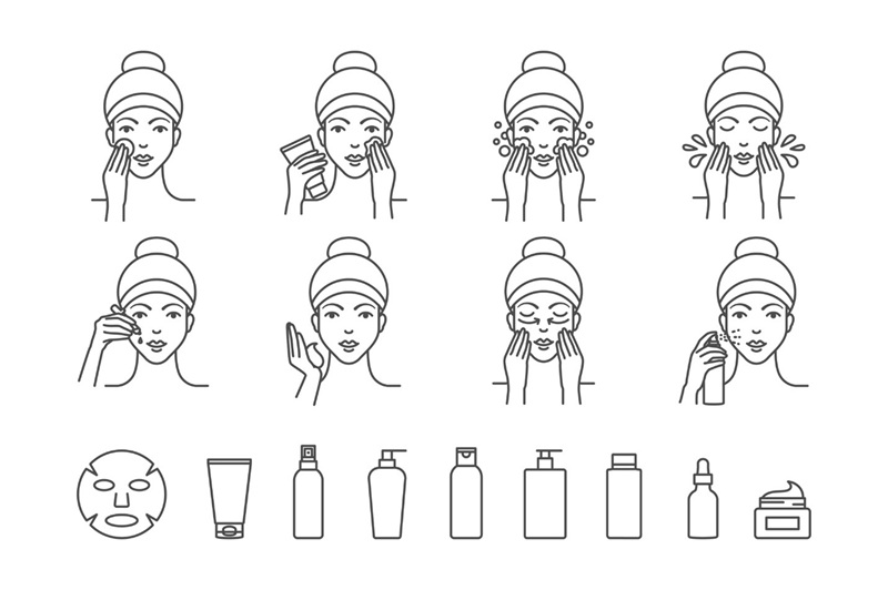 An illustration showing the application of various facial care products, highlighting the different ways to take care of your skin through its monthly cycle.